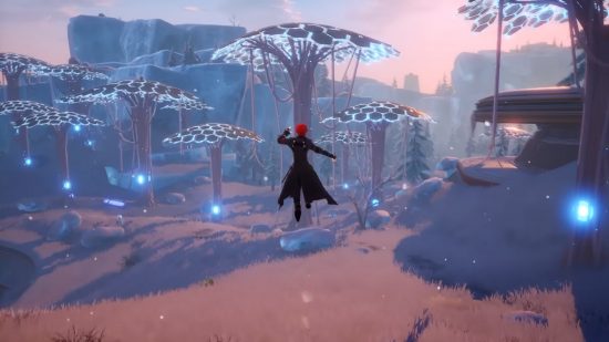 Best free PC games: Tower of Fantasy. Image shows a man in a black coat leaping through the air with some mushrooms ahead of him.