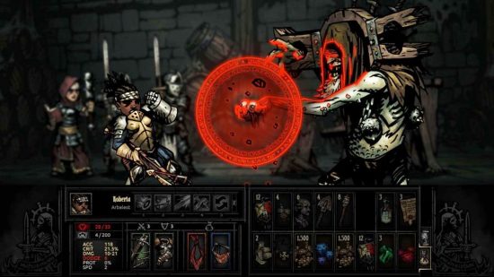 Best roguelike games: A band of adventurers in Darkest Dungeon going up against a boss.