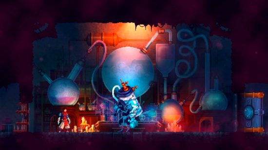 Meilleurs jeux Roguelike: The Dead Cell Laboratory, avec diverses potions se préparant dans d'énormes ensembles de chimie