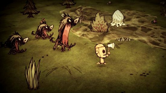 Best roguelike games: The protagonist of Don't Starve fleeing from a group of wild boar.