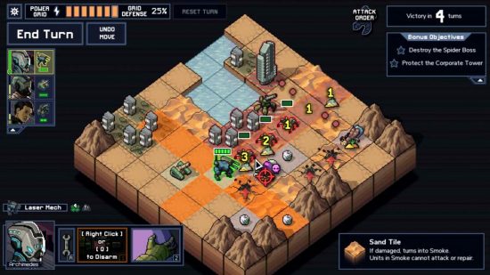 Best roguelike games: Into the Breach's turn-based battle, where mecha go up against aliens in a desert that includes clusters of residential buildings.