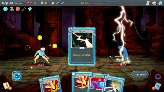 Meilleurs jeux roguelike: Slay the Spire card battle, où Zap est utilisé pour canaliser la foudre sur un lanceur de sorts en robe.