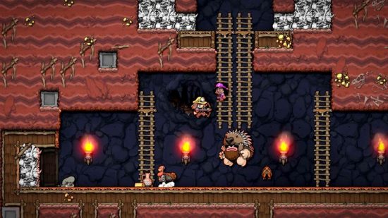 Best roguelike games: Spelunky 2's protagonist shooting porcupine with an arrow.