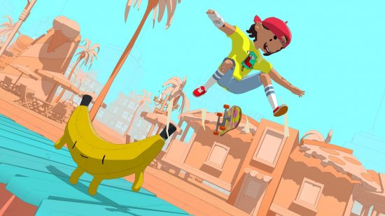 Best skateboard games: preforming a grind trick of an oversized banana in the cartoonish, colourful OlliOlli World