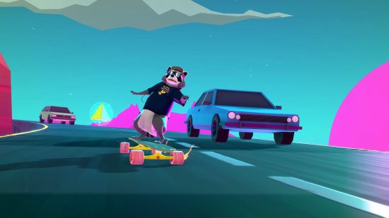 Best skateboard games: a raccoon riding a longboard down an '80s dreamwave-inspired highway