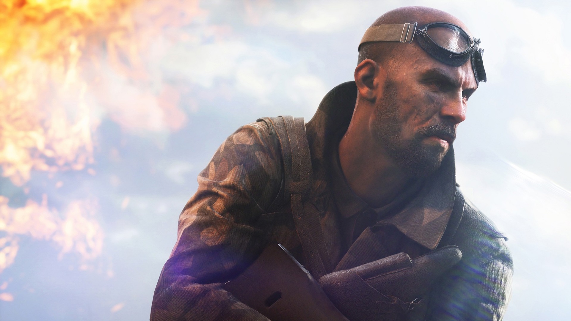 Best war games: Battlefield 5. Image shows a wary-looking soldier with a gun.