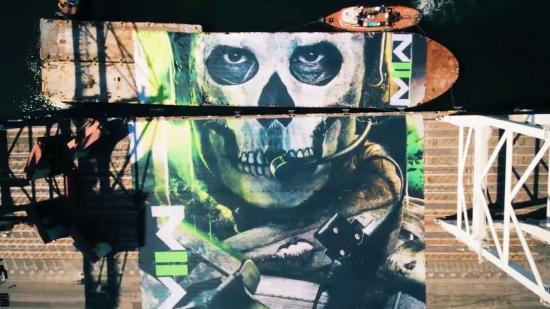 Call of Duty: Modern Warfare's Simon 'Ghost' Riley wears his distinctive skull mask in a poster assembled by a barge on the Port of Long Beach in California. The Call of Duty: Modern Warfare 2 release date has been announced in a new teaser.