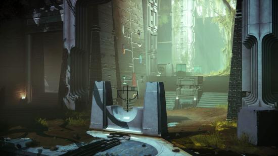 Sun shines through the ruins of a temple in Disjunction, a new Destiny 2 PvP map set on Savathun's Throne World. Stairs lead up from an altar to an area overgrown with trees and flooded with light from outside, while a passageway leads off to the left into the darkness.
