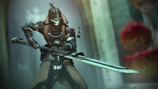 A warlock in brown and green metal armour readies a glaive in Destiny 2, which will see the debut of the season 17 trailer May 24.