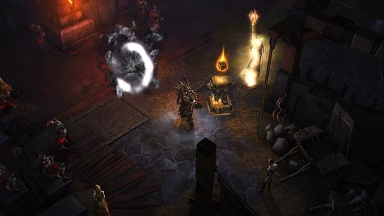 In a Diablo 3 screenshot, a warrior stands beside Kanai's Cube, which glows as it hovers over a stone pedestal. A fog-rimmed black portal has opened to the north, and characters inside the keep stand by around the edges of the image.