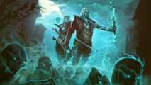 Diablo 3 PvP: two Diablo characters are bathed in blue light as the undead rush past