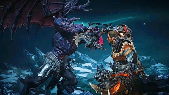 Diablo Immortal release time: An axe-wielding barbarian battles a purple winged demon on a snowy mountaintop