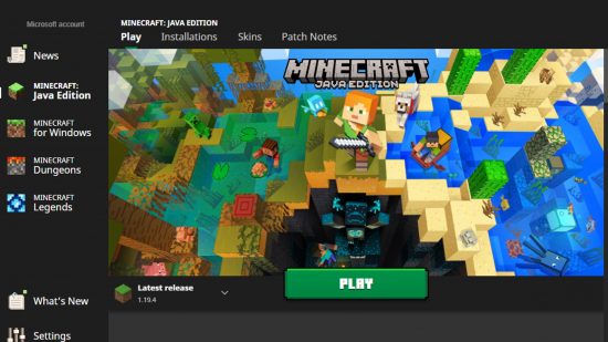 How to download Minecraft: The Minecraft Launcher with four Minecraft games listed, Java, Bedrock, Dungeons, and Legends