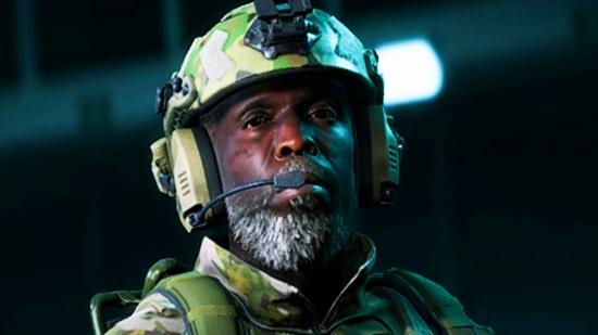 EA earnings 2022: a silver-bearded soldier in Battlefield 2042 looks at the camera, wearing a green helmet