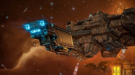 A cargo ship prepares to dock at a massive space station in Eve Online