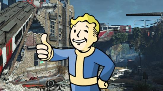 Fallout 4 london mod: Vault boy with damaged urban area in back