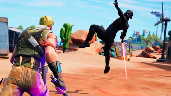 Fortnite's Jonesy holds a purple-bladed lightsaber as a helmeted Kylo Ren leaps to attack him in a desert environment