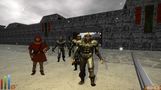 Free GOG games - approaching a town with a sword in Daggerfall Unity, several guards and a bard approach the player.