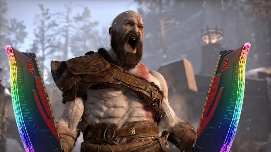Kratos from Sony's God of War, wielding two Ares Armor RAM sticks as if they were the Blades of Chaos