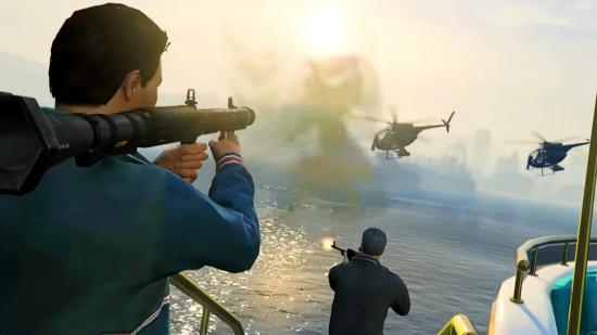 GTA Online weekly update May 12: a man fires a rocket launcher at two helicopters
