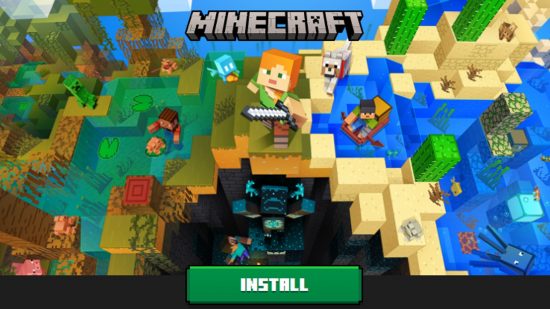 Cara memasang Peluncur Minecraft: Gambar dari peluncur Minecraft, dengan tombol hijau yang menunjukkan kata tersebut 