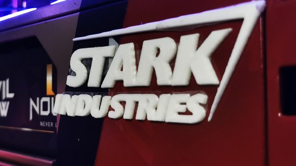 Iron Man gaming PC mod Stark Industries logo up close