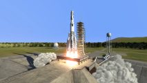 A multi-stage rocket lifts off from a landing pad on a cloudless, sunny day in Kerbal Space Program 2