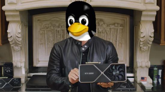 Nvidia CEO Jensen Huang HOLDING GPU with Linux mascot Tux face over head
