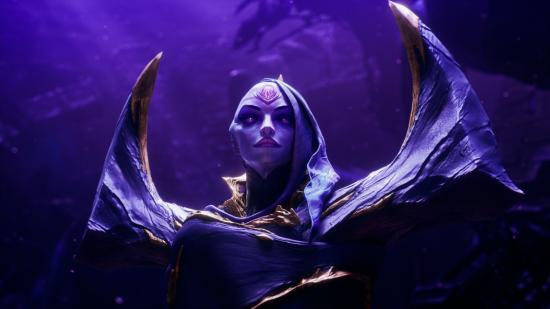 Bel'Veth, the new LoL champion, is seen in purple Void robes with two large horns emerging from her shoulders.