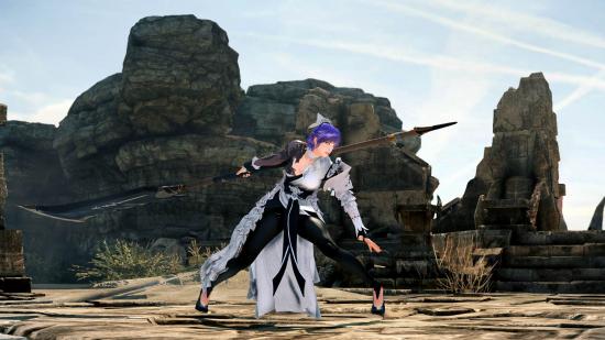 A Glaivier from Lost Ark with purple hair preparing for battle