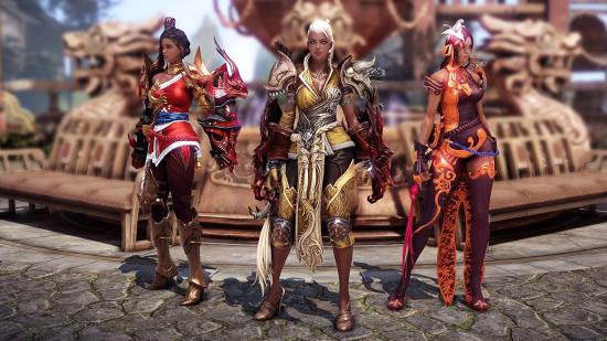 Lost Ark Online Ark Pass: Three women wearing the outfits exclusive to the Ark Pass in Lost Ark