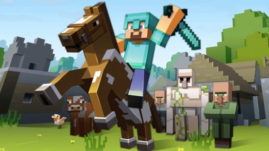 Minecraft Steve rides on a bucking horse, and wields a diamond pickaxe, as a villager, cow, and iron golem look on.