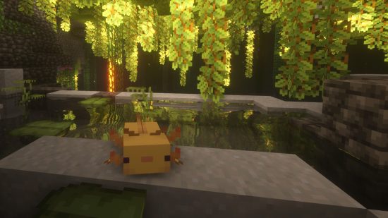 a yellow Minecraft axolotl in a lush cave