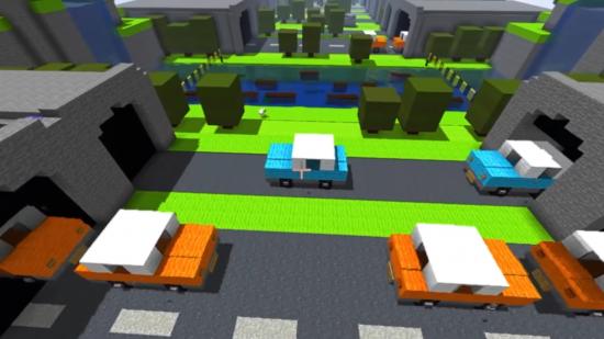 Orange and blue cars travel along streets laid out in Crossy Road fashion in a Minecraft build by YouTuber Mysticat.