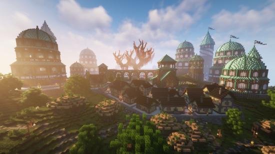 A city with blue-green domes and thatched-roof cottages surrounds a walled ancient tree in a Minecraft D&D campaign