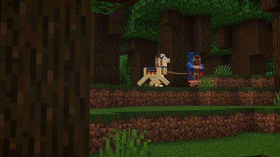 Minecraft fireflies: a tradesmen walks across the forest with an alpaca