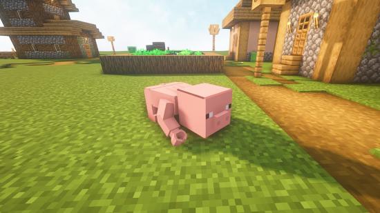 Minecraft mod: a pig who has been modded to look like a Lego figures crawls across the floor