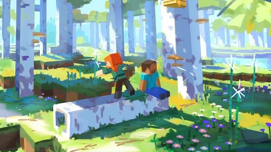 Minecraft update: Art of two minecraft characters sitting in blocky woodland