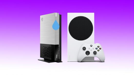 MSI cloud gaming PC with emoji tear next to Xbox Series S with controller on purple backdrop