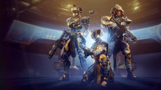 Three guardians wearing fancy armour in Destiny 2, one of the best multiplayer games
