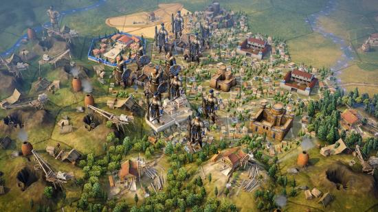 Greek soldiers stand on city hex tiles in Old World, a historical 4X game that has just arrived on Steam and GOG after a year of Epic Games Store exclusivity.