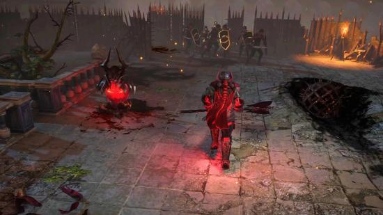 A warrior illuminated in red energy is accompanied by a floating sentinel orb as he approaches a stockade guarded by several soldiers holding up their shields in Path of Exile: Sentinel.