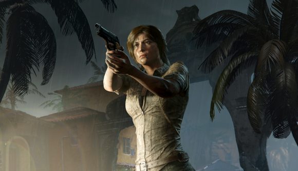 Lara Croft readies a pistol in both hands while standing in the rain in Shadow of the Tomb Raider