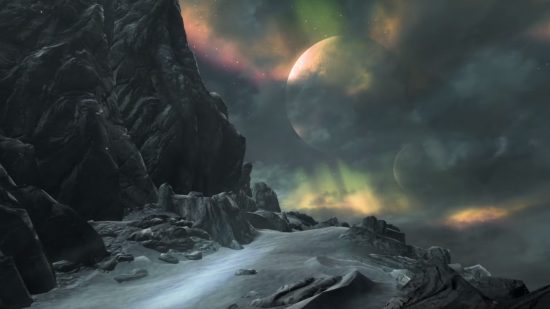 Skyrim कंसोल कमांड और धोखा: Tamriel के ट्विन मून्स रात के आकाश में बड़े होते हैं, जो बादलों द्वारा अस्पष्ट होते हैं।