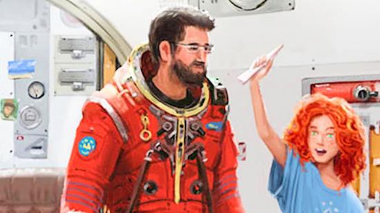 Starfield concept art: a man in an orange space suit and a younger woman in a blue tshirt walk through a space house