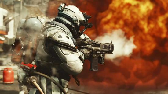 Starfield guns best: a solider in a white astronaut outfit firing an assault rifle in front of an explosion