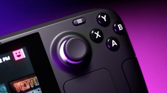 Steam Deck update: A close up of Valve's handheld gaming PC, against a purple background