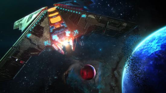 A space-based superweapon prepares an energy beam to fire at a small red moon in Stellaris, which is free to play this weekend for its sixth anniversary
