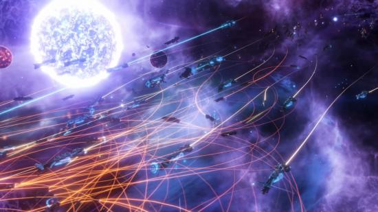 Swarms of ships leave burning orange trails in space near a white dwarf star in Stellaris.