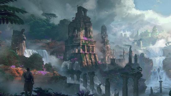 A figure looks out over two converging waterfalls, where crumbling ancient ruins are overgrown with vines and flowers, in a piece of concept art for Techland's unannounced fantasy RPG game.